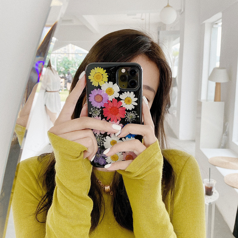 ins彩色雏菊干花适用苹果16 15promax真花手机壳iPhone14 13pro软壳11 12永生花xs xr保护套7 8plus se3透明