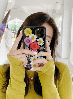ins彩色雏菊干花适用苹果16 17promax真花手机壳iPhone15 14 13pro软壳11 12永生花xs xr保护套8plus se3透明