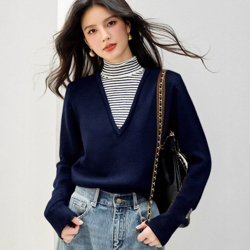 G6869小众设计感针织衫秋冬高领假两件2025新款内搭保暖上衣厚实