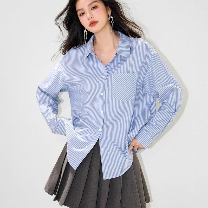 R5935日常简约蓝灰条纹衬衫女秋新款设计感通勤上衣休闲百搭衬衣