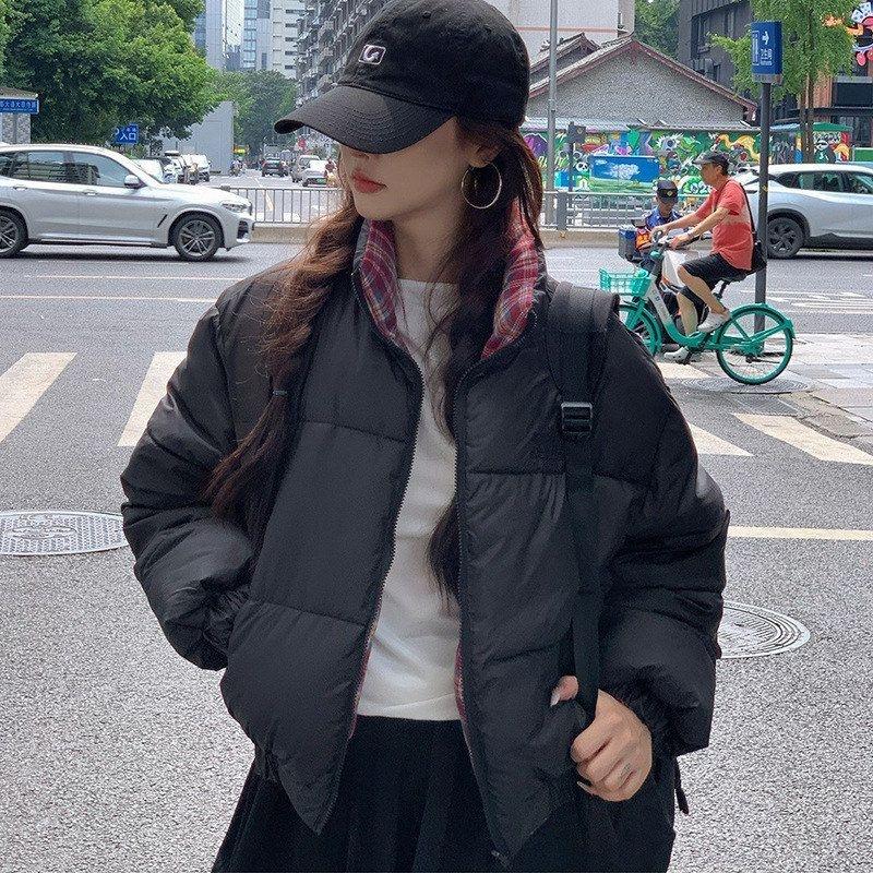 E9051两面穿冬季新款设计感格子棉服短款女保暖面包服棉衣外套潮