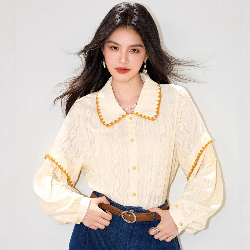 R5934撞色肌理感拼接翻领长袖衬衫女秋新款宽松百搭长袖上衣休闲