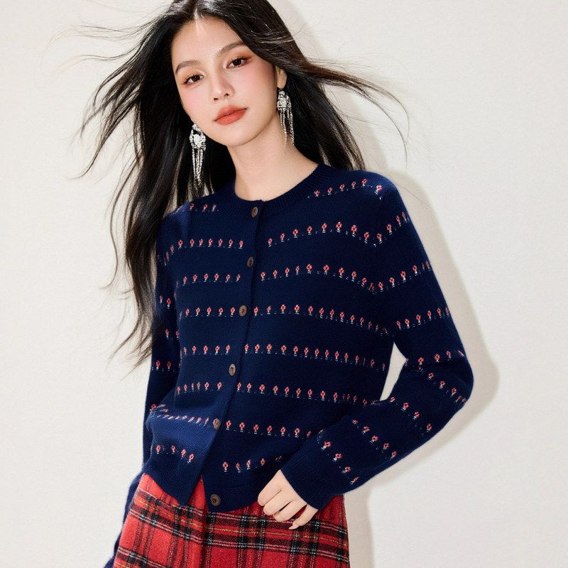 R9357条纹复古花朵针织开衫毛衣女秋冬新款宽松软糯洋气外套上衣