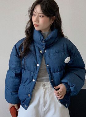 E5122跨境Jennie同款蓝色牛仔女冬季短款棉服宽松面包服立领外套