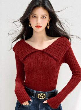 G6889弹力通勤品牌女装针织衫毛衣秋冬内搭软糯绵长袖红色上衣