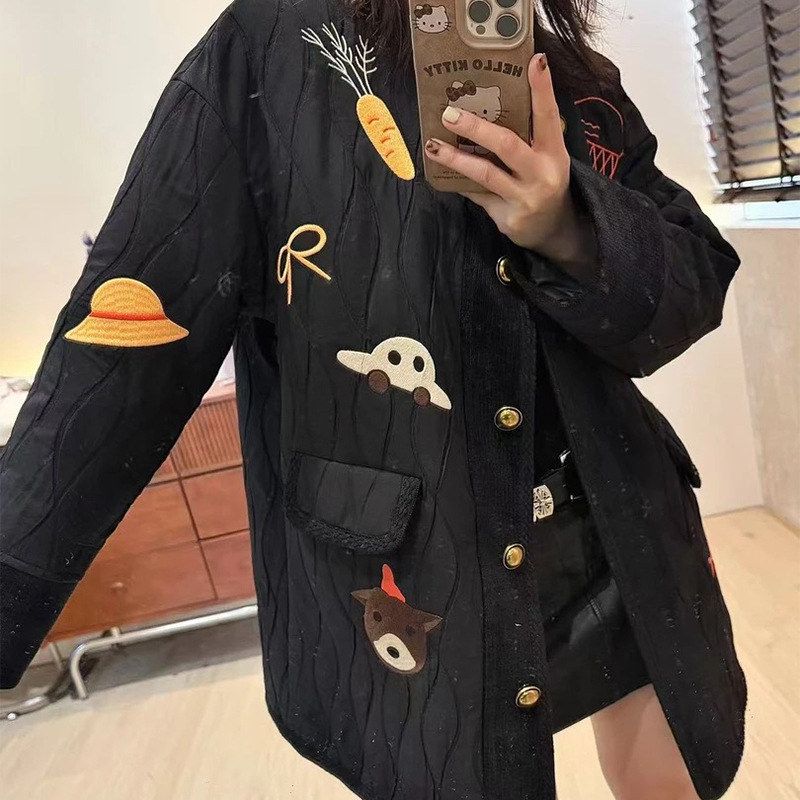 D727游乐园羽绒外套女卡通图案设计感宽松大码羊毛呢上衣加厚冬季