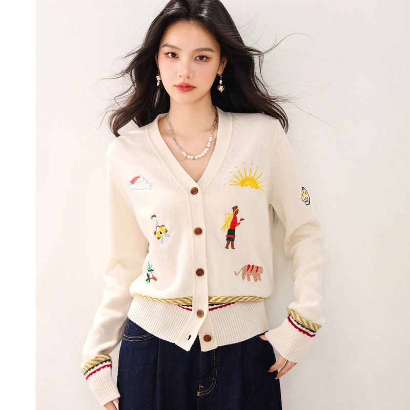 R5536气质2025秋冬新款V领純刺绣休闲内搭针织开衫女潮毛衣外套潮