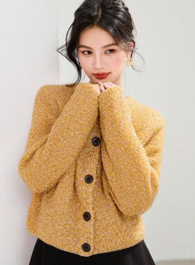 G6681黄色厚实保暖品牌女针织毛衣女秋冬小个子慵懒短款开衫外套