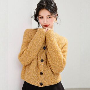 G6681黄色厚实保暖品牌女针织毛衣女秋冬小个子慵懒短款开衫外套