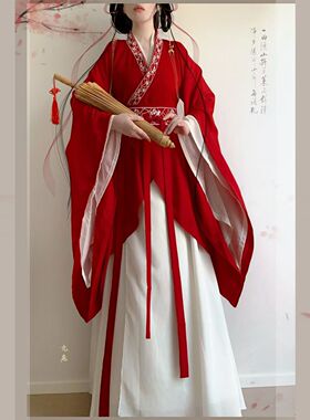 复原魏晋风战国袍女大袖交领异形围裳破裙刺绣套装红色古装演出服