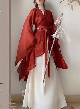 原创涅槃南北朝战国袍魏晋风交领大袖中国风汉服红色古装表演服女