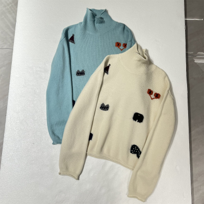 【BARRIFAIT】百搭时尚舒服高领卡通图案羊毛针织短款毛衣