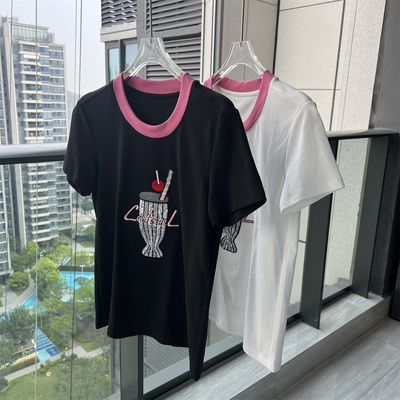 CHAO百搭减龄清新亮片可乐刺绣字母短袖T恤