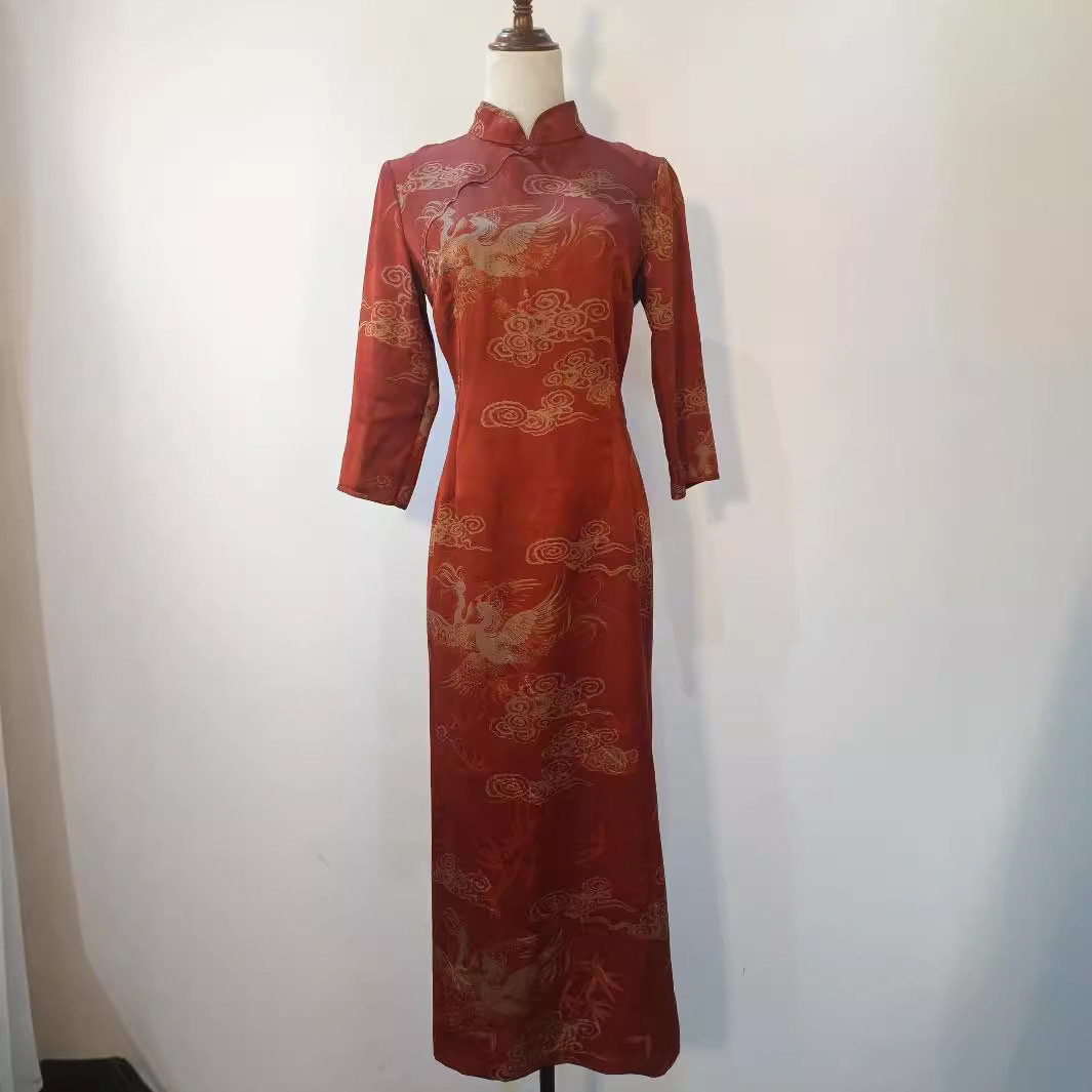 新款香云纱七分袖红色旗袍女新中式长款开叉礼服敬酒裙