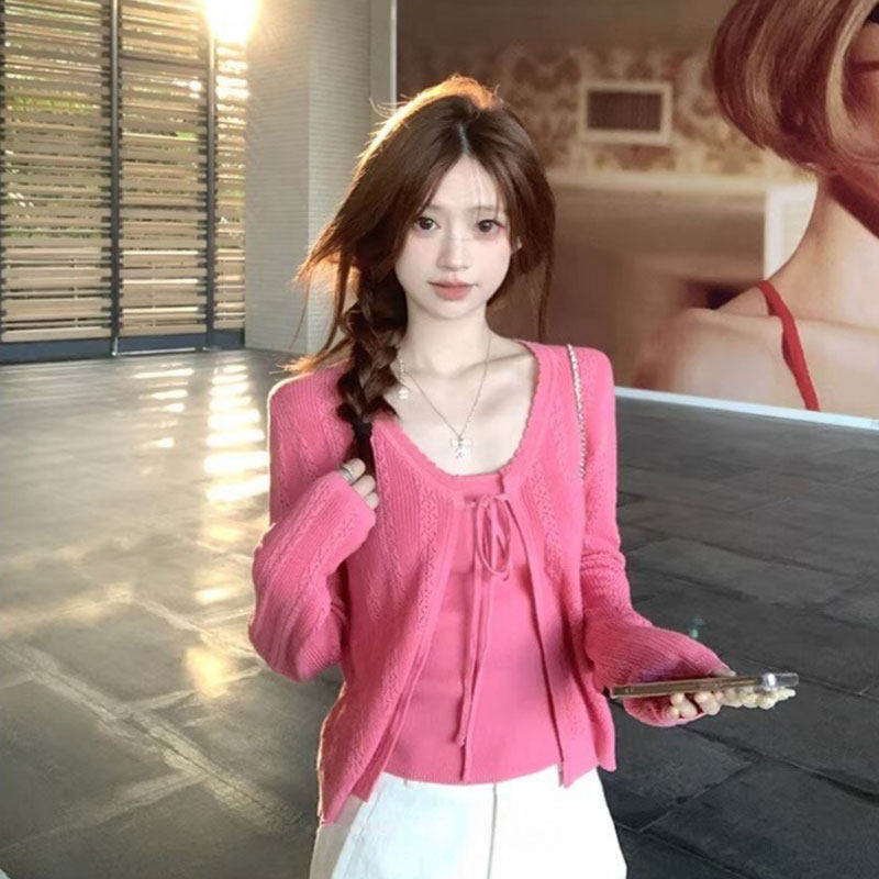 法式甜美温柔风镂空针织开衫外套女春季修身吊带背心上衣两件套装