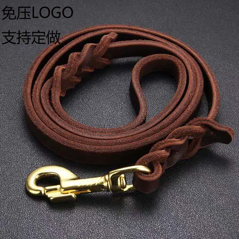 狗狗牛皮牵引绳 亚马逊头层牛皮小中大型犬德牧狗链 真皮狗牵引绳