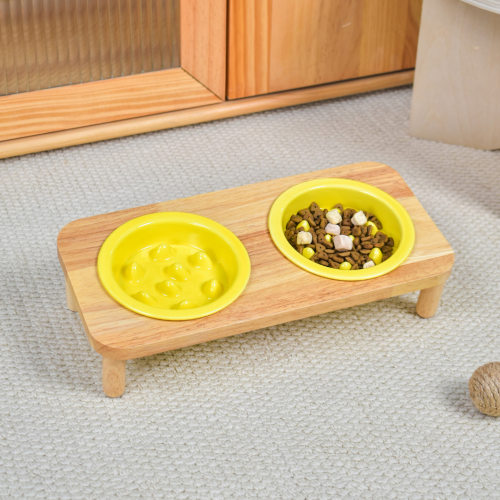 简约纯色护边慢食碗带橡木架陶瓷猫碗狗碗防噎缓食盆护颈椎猫粮碗
