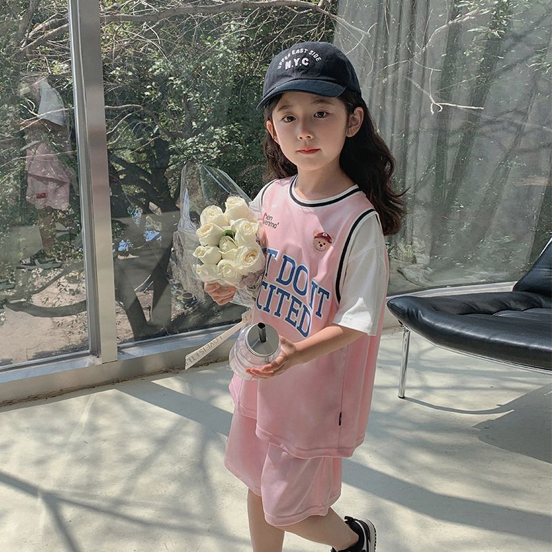 童装女童篮球服套装夏季薄款儿童假两件短袖T洋气男童运动两件套