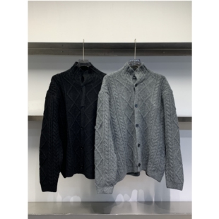 独处 美式 25冬季 复古麻花高领开衫 廓形针织羊毛外套男 设计师款