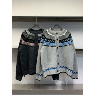 羊毛混纺针织开衫 设计师款 25冬季 日系复古圆领拼色毛衣男 独处