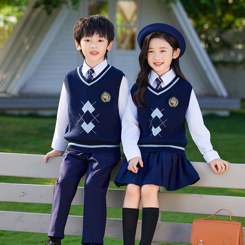 英伦学院风小学生校服秋冬装新款儿童班服毛衣马甲三件套幼儿园服