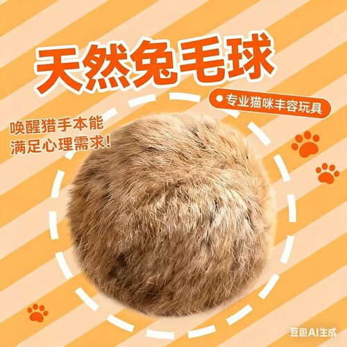猫玩具兔毛球真兔毛逗猫球棒气味丰容宠物嗅闻大尺寸猫咪静音玩具