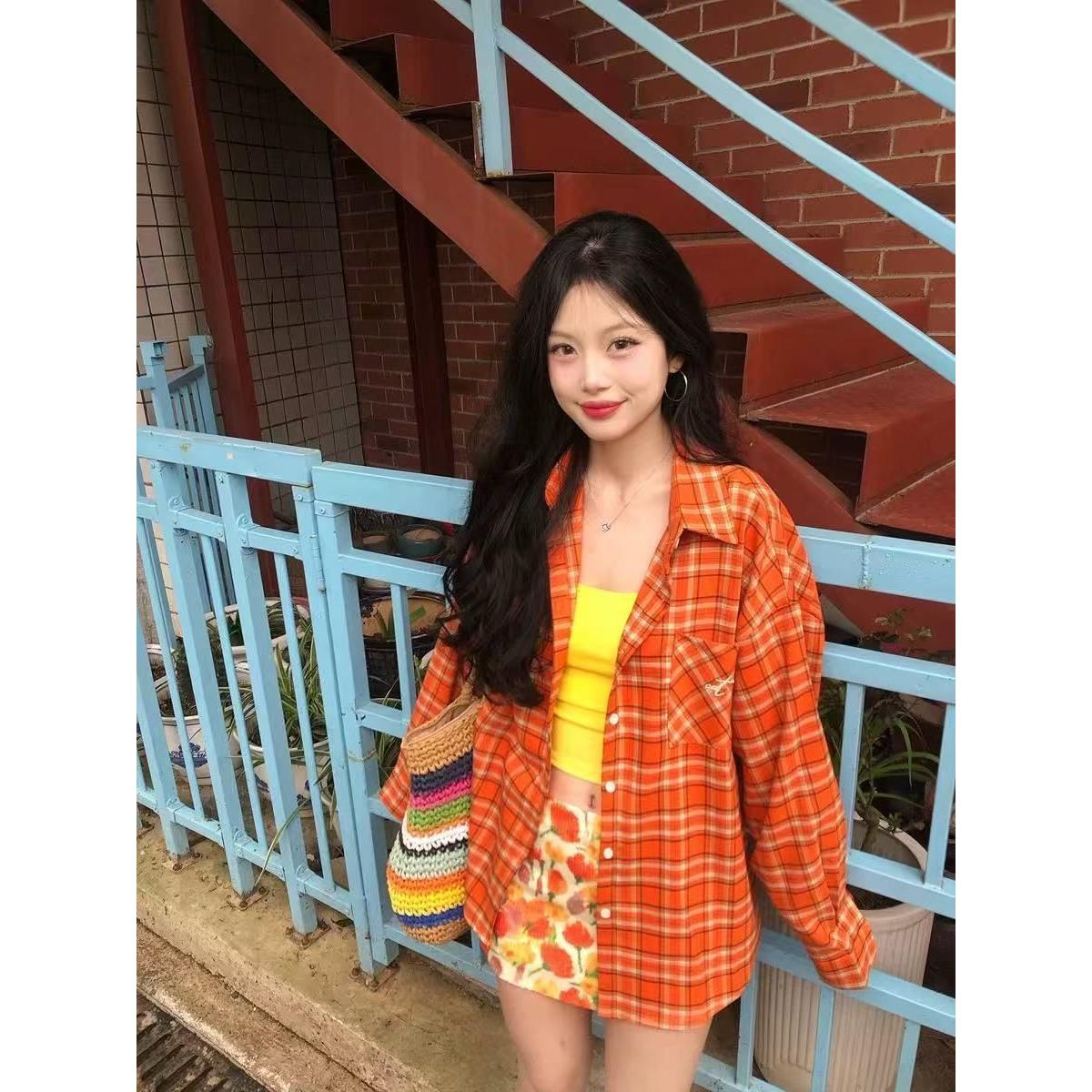 美式覆古格纹设计感防晒长袖衬衫夏季新款气质修身显瘦宽松上衣女