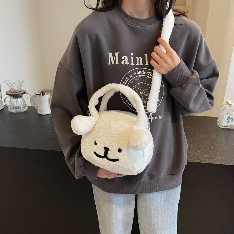 新款线条狗斜挎包毛绒手提秋冬毛毛可爱卡通毛茸茸百搭时尚大容量