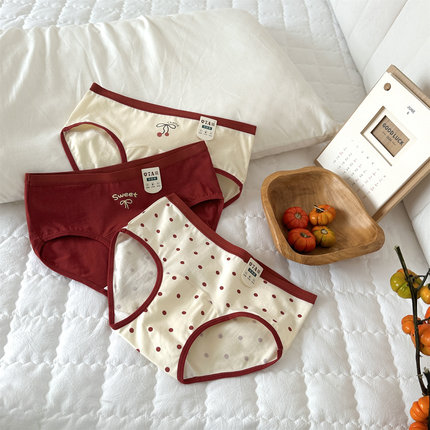 红色少女甜美蝴蝶结内裤女中腰纯棉7A抑菌加长裆本命年女士红内裤