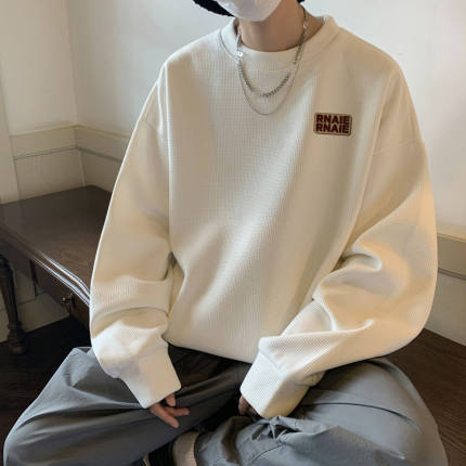 华夫格卫衣男春季新款宽松休闲圆领长袖上衣高街潮牌美式复古外套