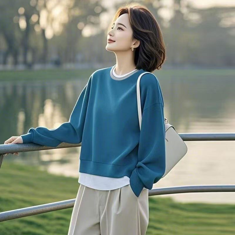 圆领假两件卫衣女士2025春秋百搭减龄撞色设计感小众气质韩版上衣