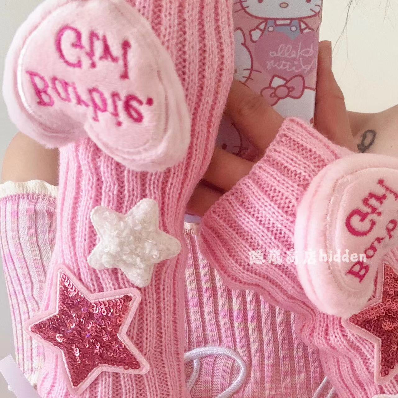 HIDDEN STORE ORIGINAL PINK Y2K GLOVES SPRING AND AUTUMN CUTE GIRLY HEART SWEET GIRL FINGER EXPOSED SUBCULTURE KNITTED SLEEVE COVER