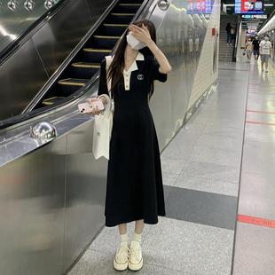 黑色長裙2025年新款 連衣裙子女夏季 日系學院風收腰顯瘦polo領短袖