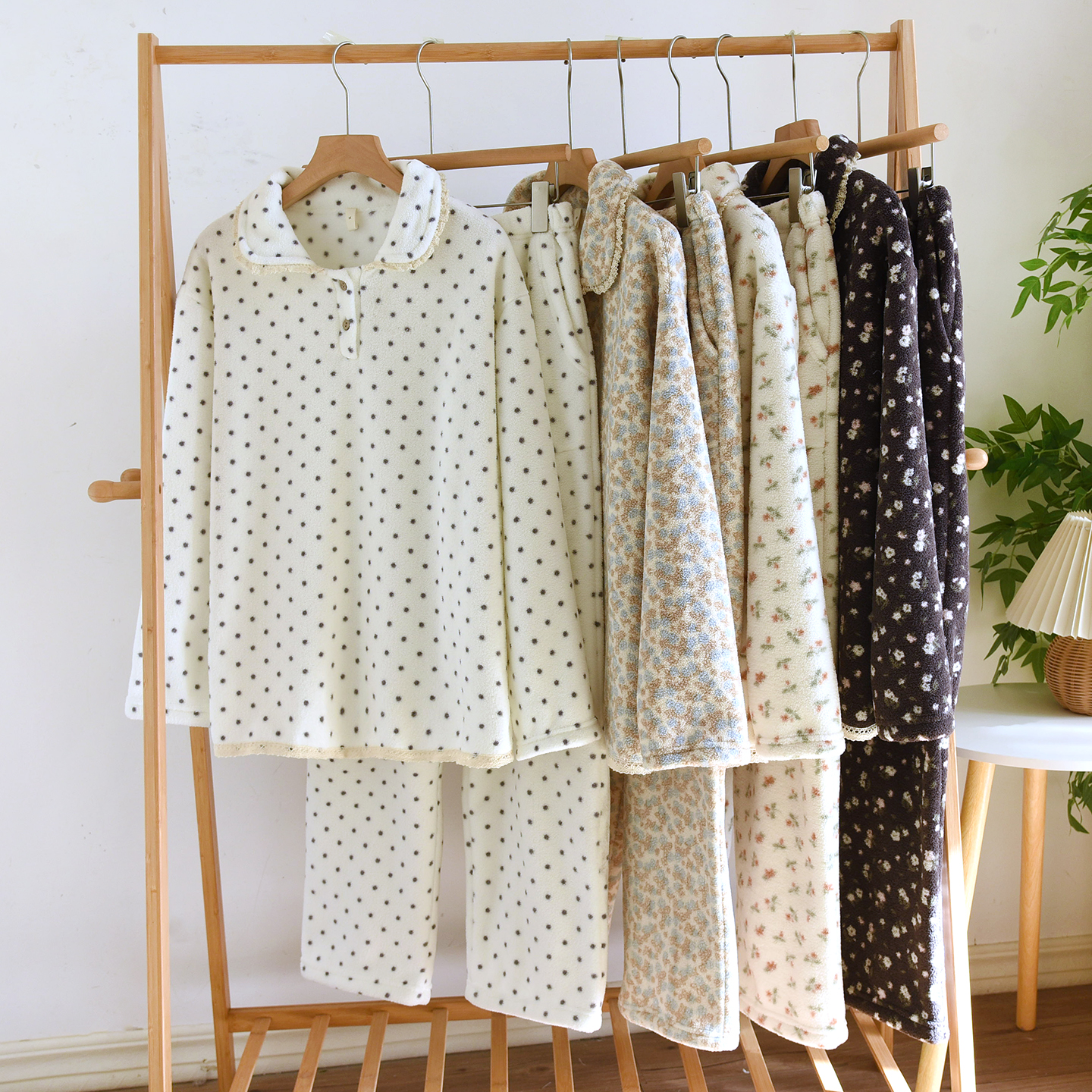 甜美蕾丝花边睡衣女秋冬季加厚保暖长袖长裤套头法兰绒家居服套装