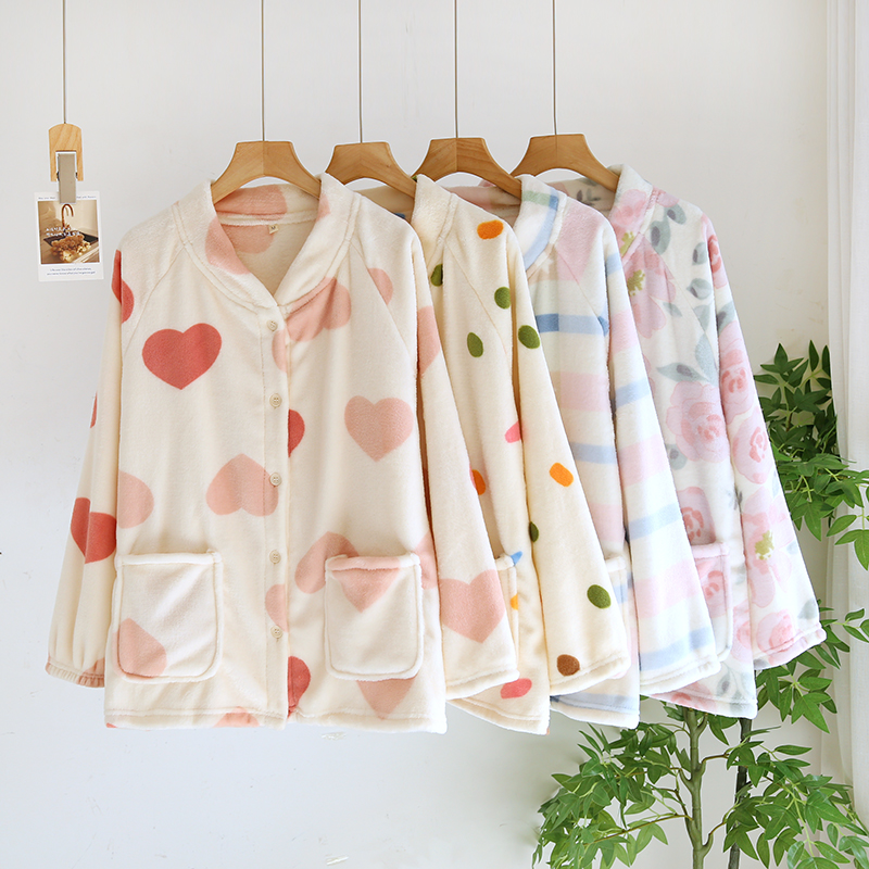 女法兰绒上衣睡衣家居服加厚宽松