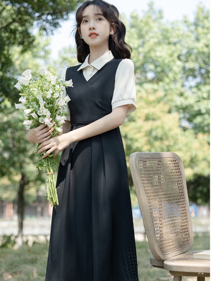 法式正式场合服装衬衫连衣裙女装夏季教师教资面试裙子假两件套装