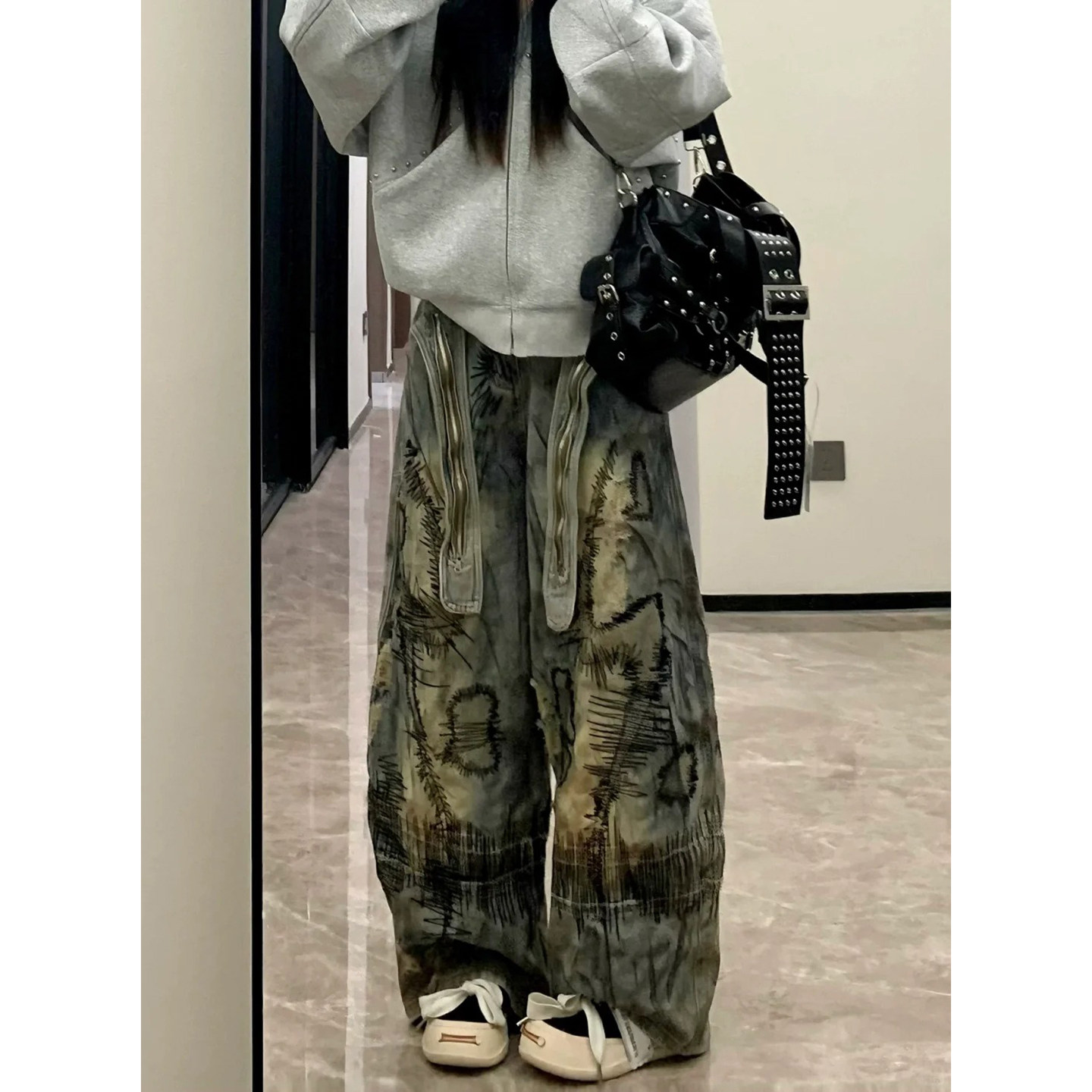 大码美式重工乱针刺绣牛仔裤子女