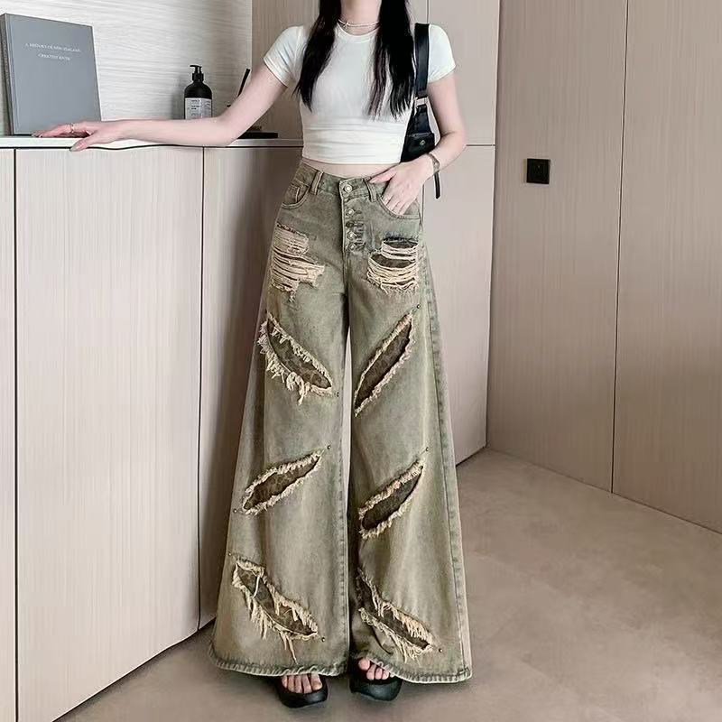 美式高街复古阔腿破洞牛仔裤女