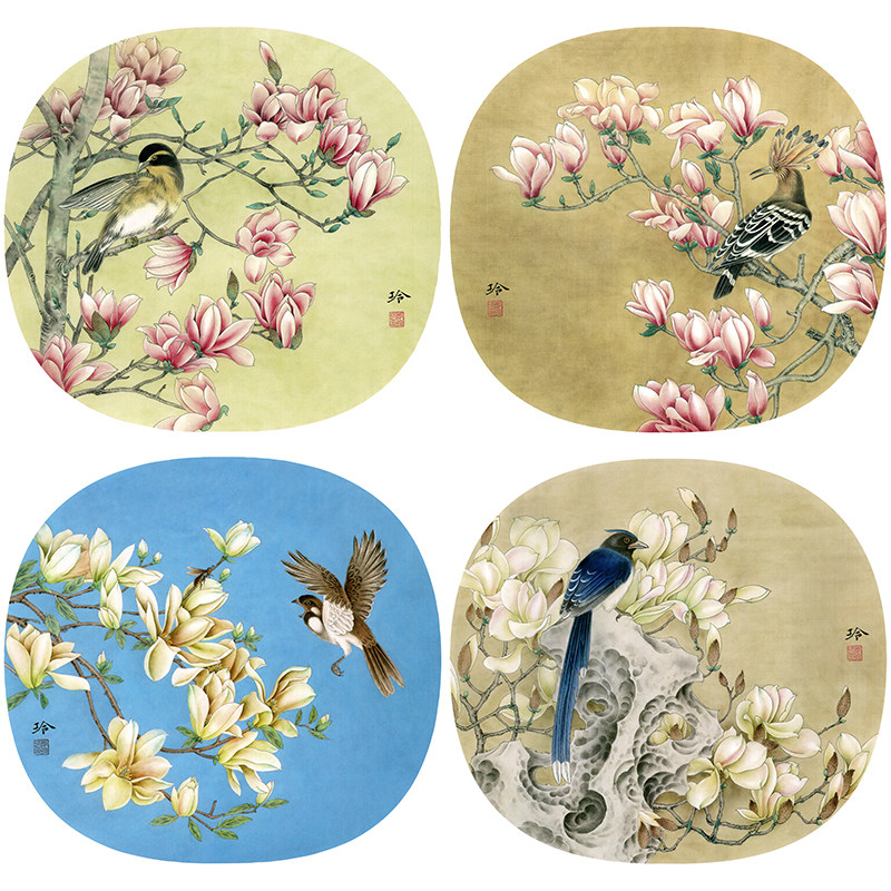 【有步骤】工笔画白描底稿临郑玲玲玉兰花鸟国画团扇小品套装画稿