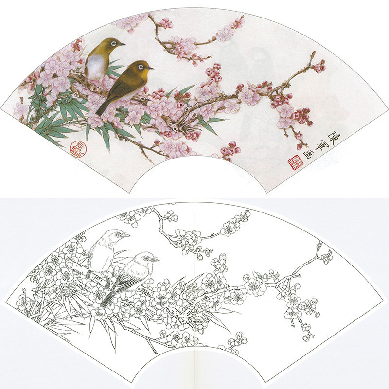 临摹陈军国画扇面花鸟小品《春风倩影》杏花绣眼鸟工笔画白描底稿