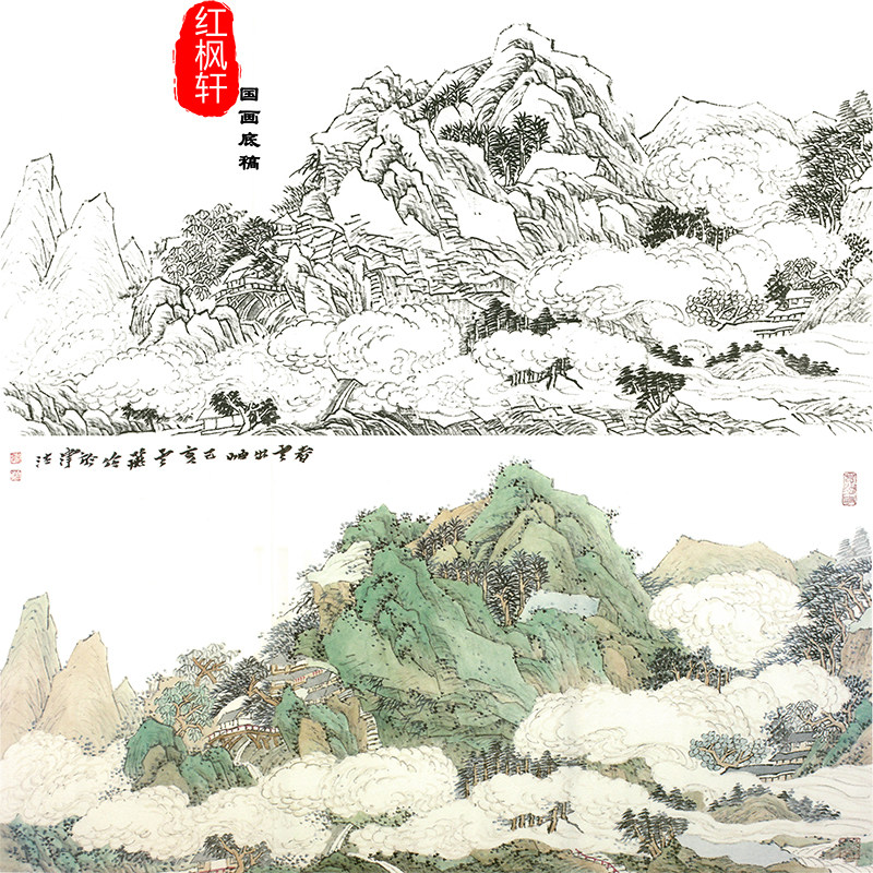 【有步骤】工笔白描底稿魏云飞《春云出岫》青绿山水横幅原大画稿