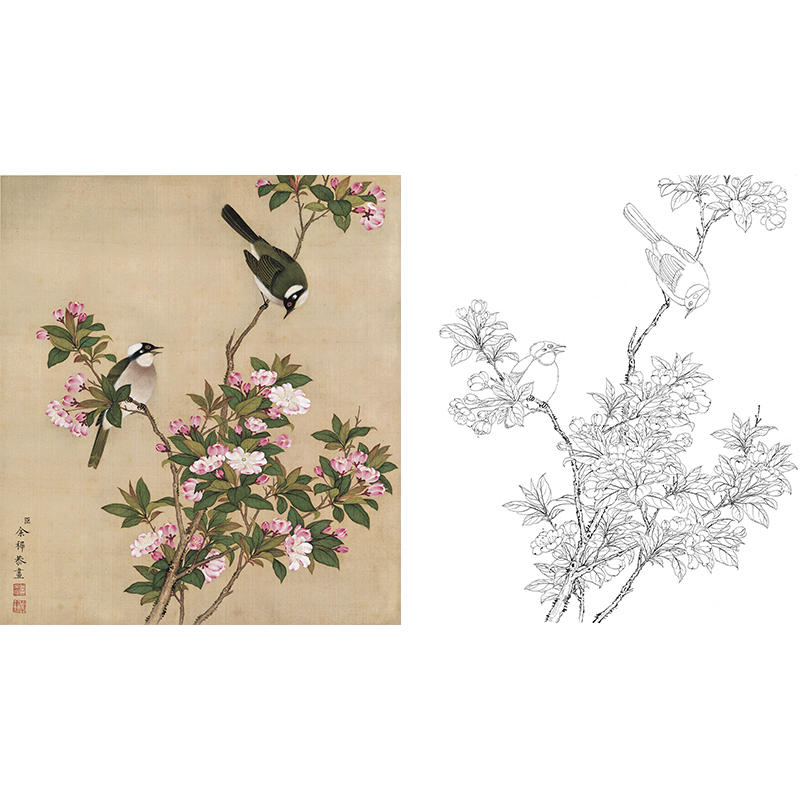 临摹清代画家余稚《桃花白头》花鸟工笔画白描底稿国画线描打印稿