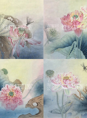 红枫轩画室工笔画白描底稿荷花花鸟国画熟宣纸纯手绘稿可直接上色