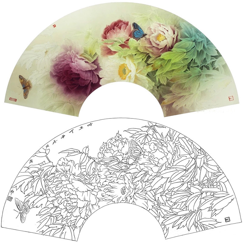 【有步骤】临龚雪青扇面小品牡丹《国色天香》花鸟工笔画白描底稿
