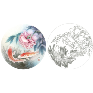【有步骤】工笔画白描底稿临郑玲玲牡丹鲤鱼团扇《鲤逐清波》画稿