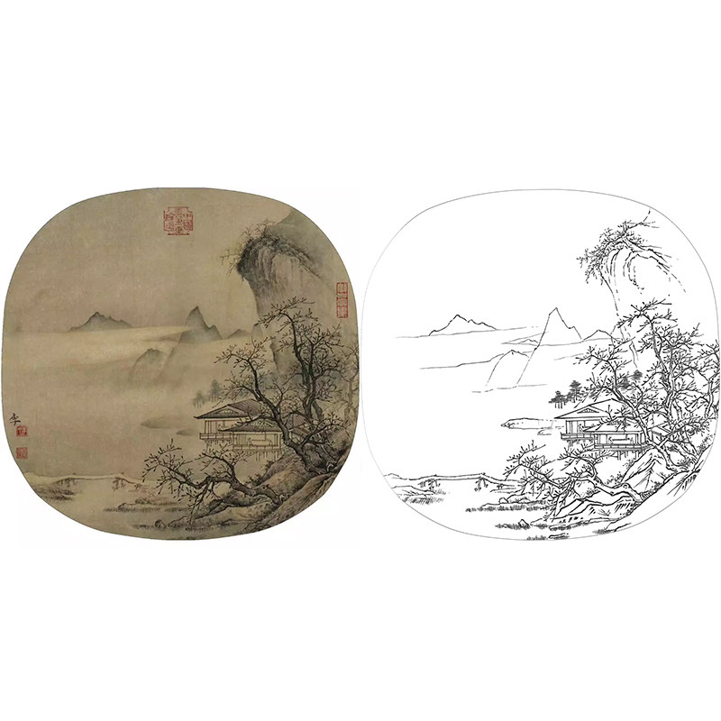 工笔画山水白描底稿《溪山水阁图》国画小品初学习宋画人物作业稿