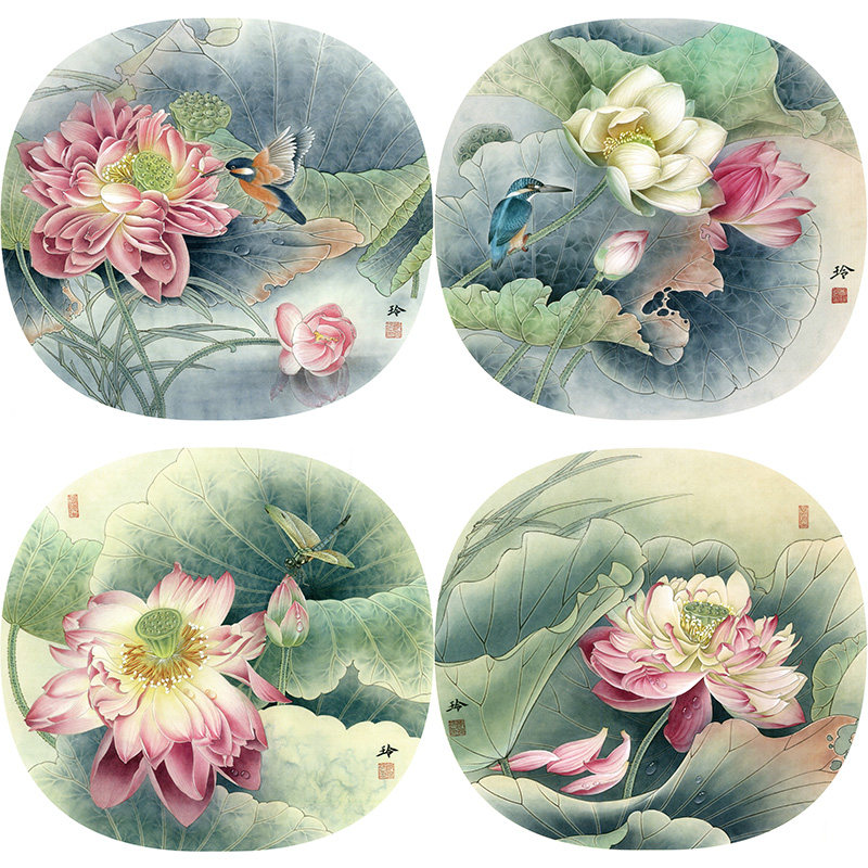 【有步骤】临摹郑玲玲团扇工笔画白描底稿荷花鸟国画小品学习套装