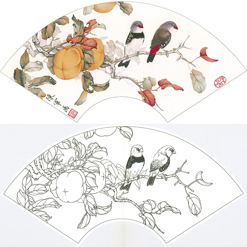 临陈军柿子锦华雀《锦羽丹果》工笔画白描底稿扇面花鸟小品国画稿