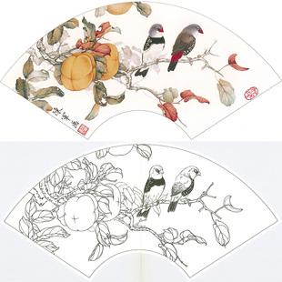 临陈军柿子锦华雀《锦羽丹果》工笔画白描底稿扇面花鸟小品国画稿