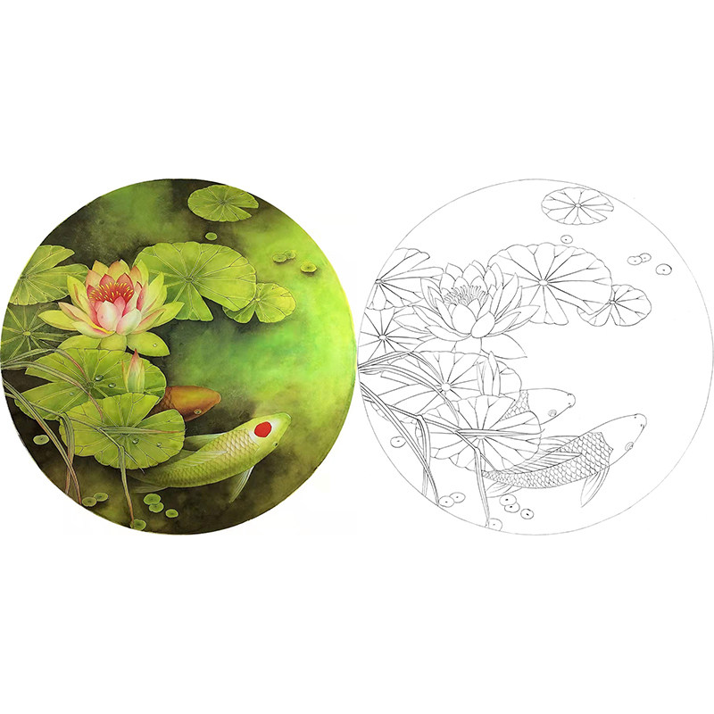 【有步骤】工笔画白描底稿荷花锦鲤鱼小品《消夏》衍达国画临摹稿